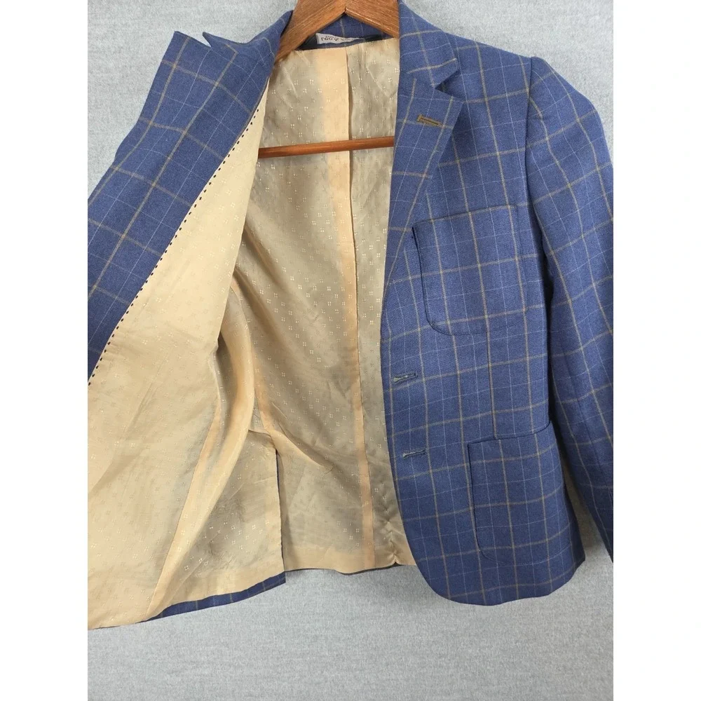 Leo & Zachary Boys 6 Suit Jacket Blazer Blue Windowpane Plaid Pocket Square